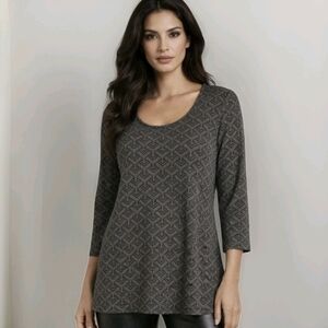 Kozan Gray Tunic Top Stretch Geometric Print Artsy Lagenlook Boho Women's Size M